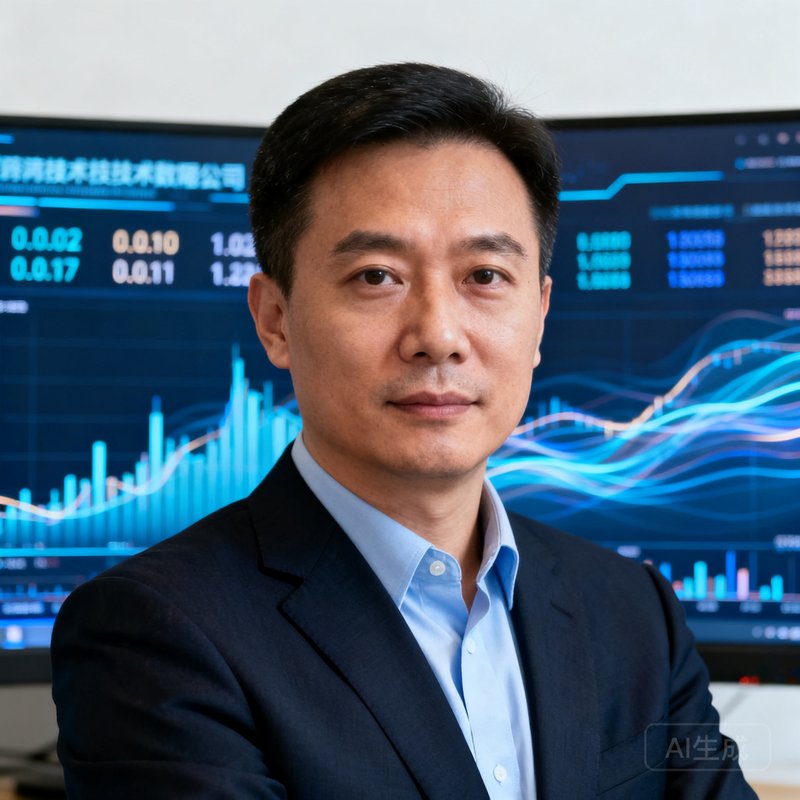 澳客okooo创始人张明远的半身肖像照,穿着深色西装搭配浅蓝色衬衫,背景是公司大型数据屏幕,表情沉稳自信,展现技术领袖气质