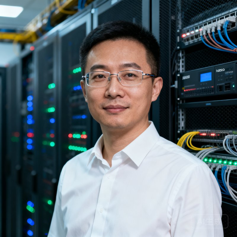 澳客okooo首席技术官李雅文的半身肖像照,戴着无框眼镜,穿着简约的白色衬衫,背景是服务器机房,展现技术女性的专业与干练