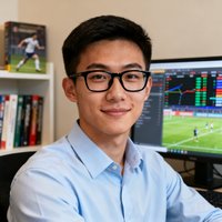 一位戴眼镜的年轻男性体育数据分析师的头像照片，背景是办公室环境，表情专注而友善